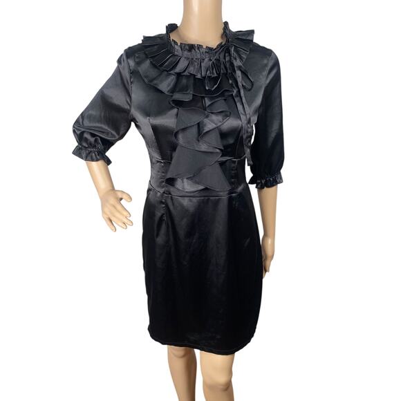 Vtg Y2K Black Satin Pleated Ruffle High Neck Sheath Dress SZ M - Picture 1 of 10